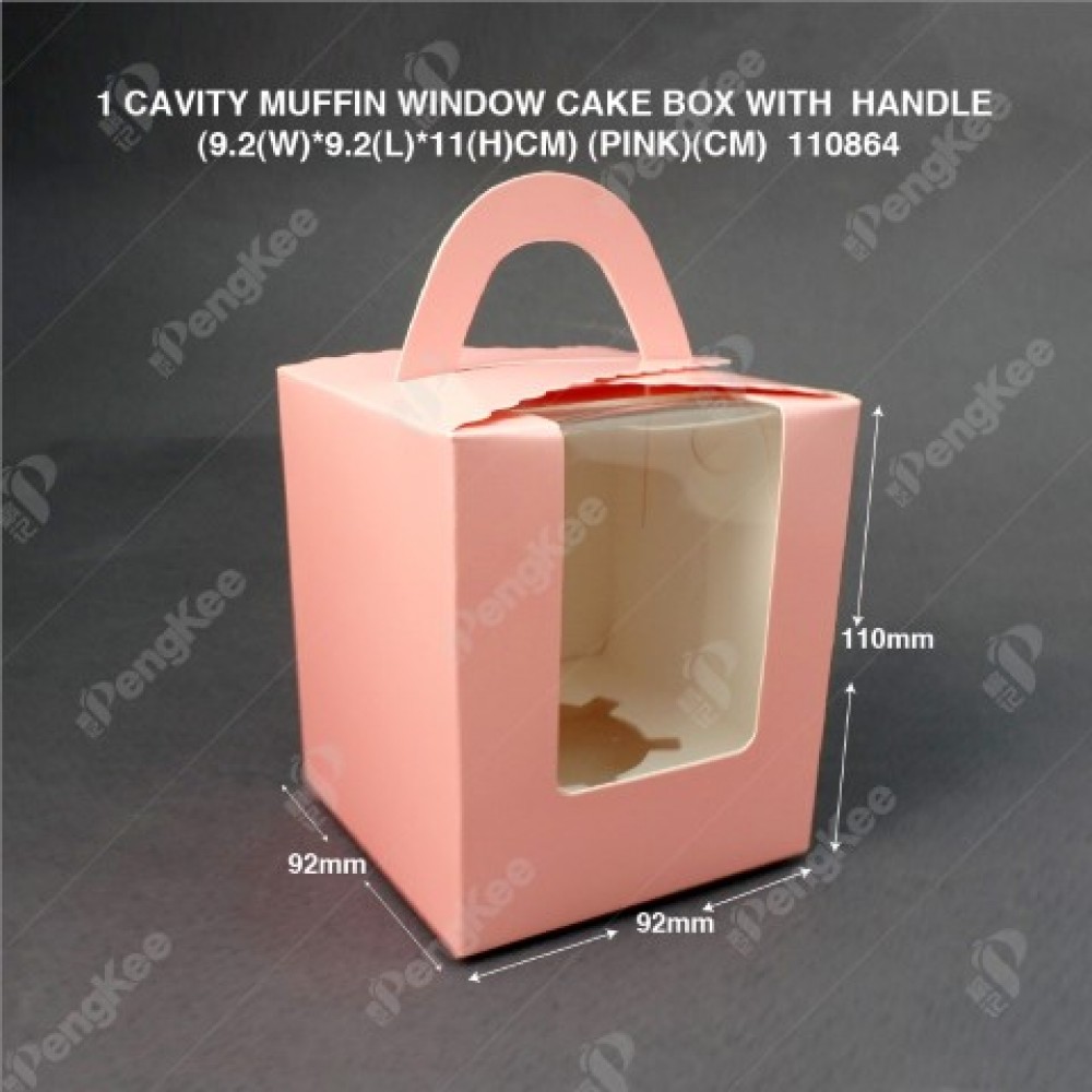 PAPER MUFFIN CAKE BOX WITH WINDOW AND HANDLE 1 CAVITY (9.2(W)*9.2(L)*11(H)CM) (PINK)(CM)