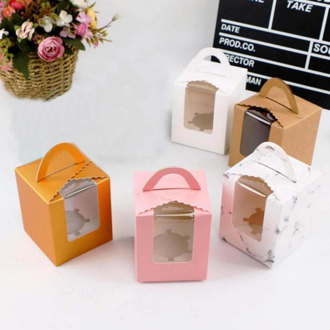 PAPER MUFFIN CAKE BOX WITH WINDOW AND HANDLE 1 CAVITY (9.2(W)*9.2(L)*11(H) CM