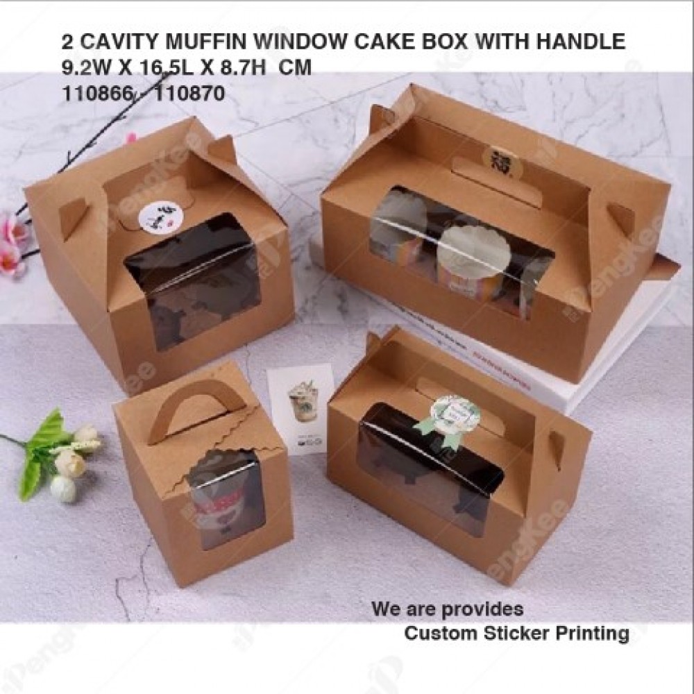 PAPER MUFFIN CAKE BOX WITH WINDOW AND HANDLE 2 CAVITY (9.2(W)*16.5(L)*8.7(H)CM)