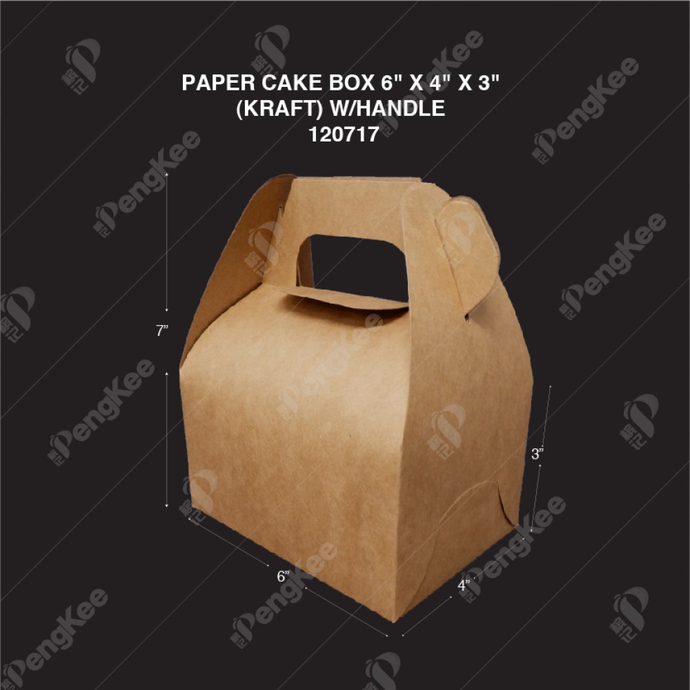 KRAFT PAPER CAKE BOX WITH HANDLE  6" X 4" X 3"  100'S/PKT