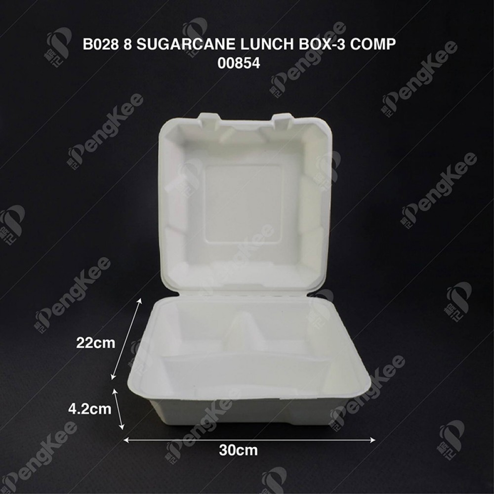 B028 8" SUGARCANE LUNCH BOX (3 COMP.) 50'S X 6PKT