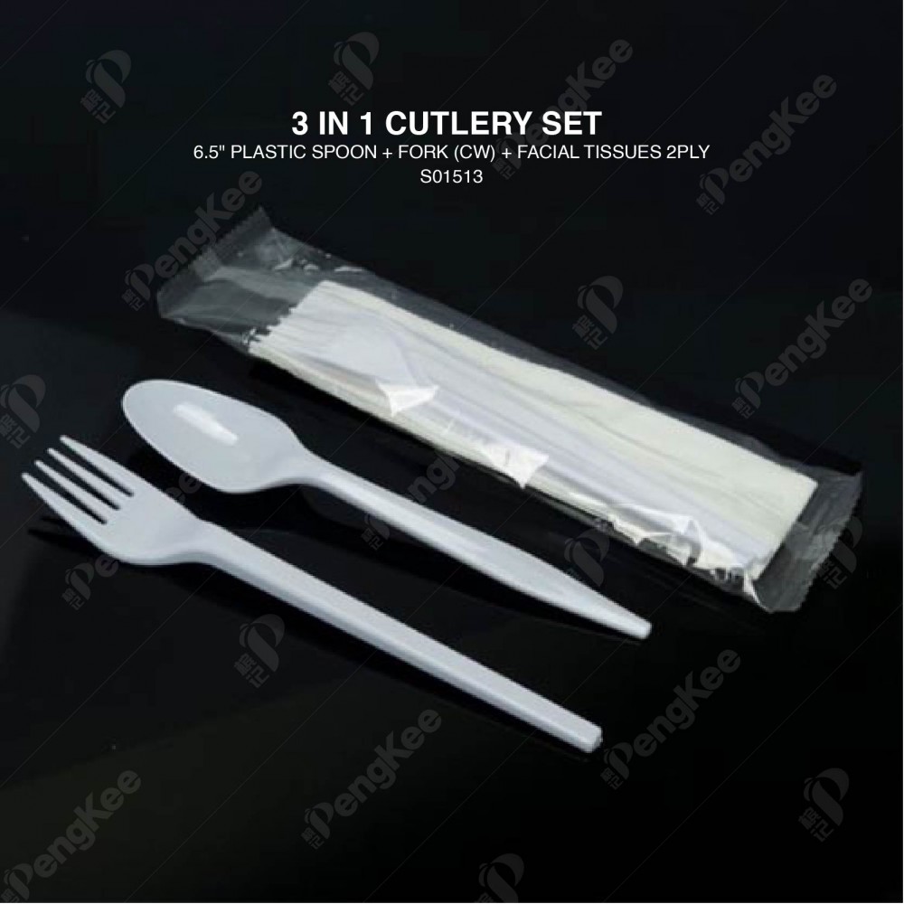 DISPOSABLE 6.5” PLASTIC 3 IN 1 CUTLERY SET (WHITE) ; (SPOON, FORK, FACIAL TISSUE)