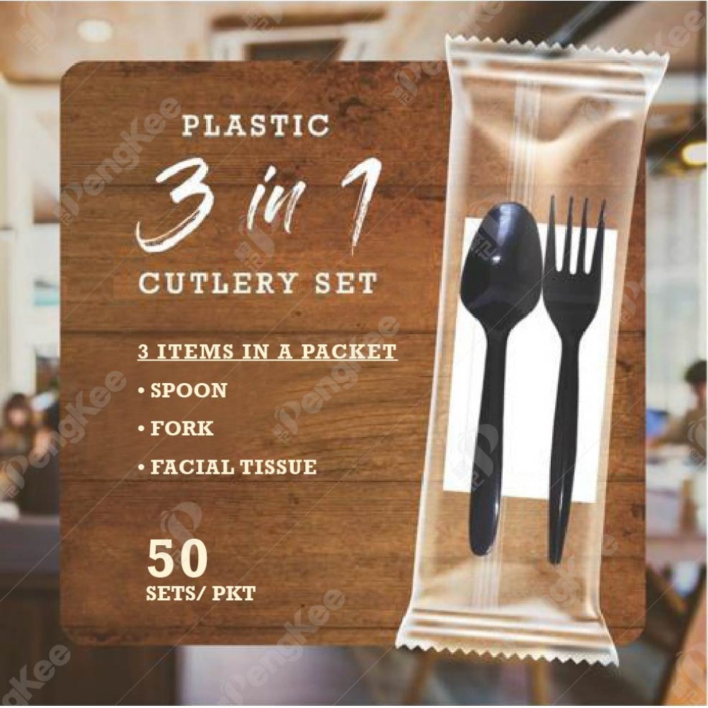 DISPOSABLE 6.5” PLASTIC 3 IN 1 CUTLERY SET (BLACK) ; (SPOON, FORK, FACIAL TISSUE)