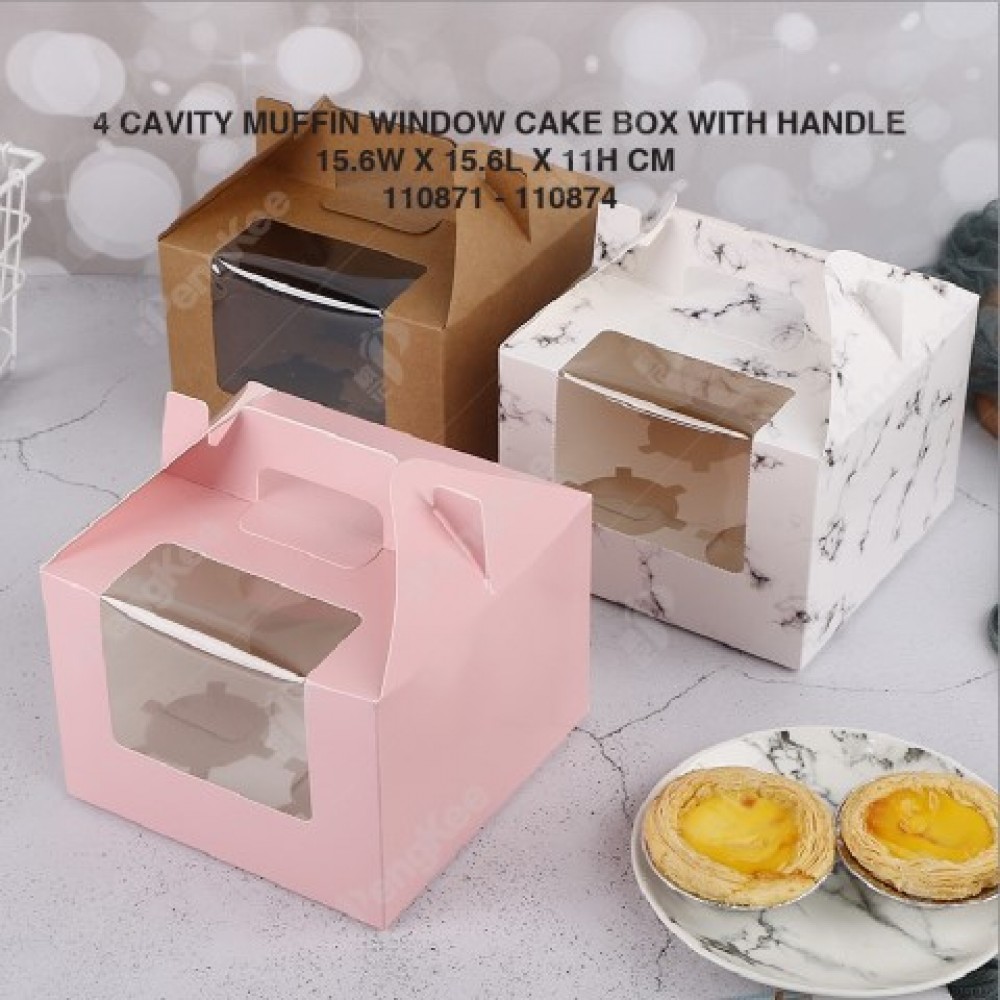 PAPER MUFFIN CAKE BOX WITH WINDOW AND HANDLE 4 CAVITY (15.6(W)*15.6(L)*11(H)CM)