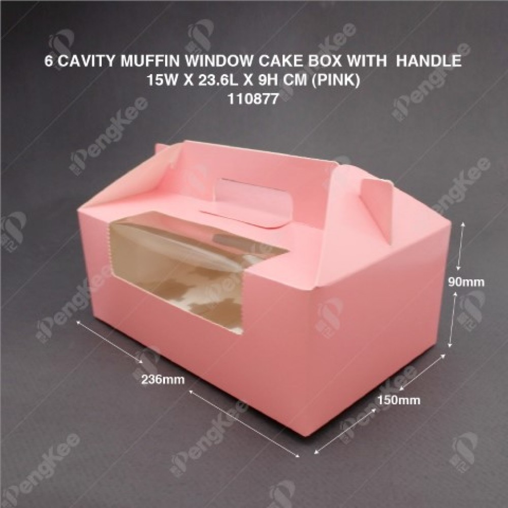 PAPER MUFFIN CAKE BOX WITH WINDOW AND HANDLE 6 CAVITY (PINK)