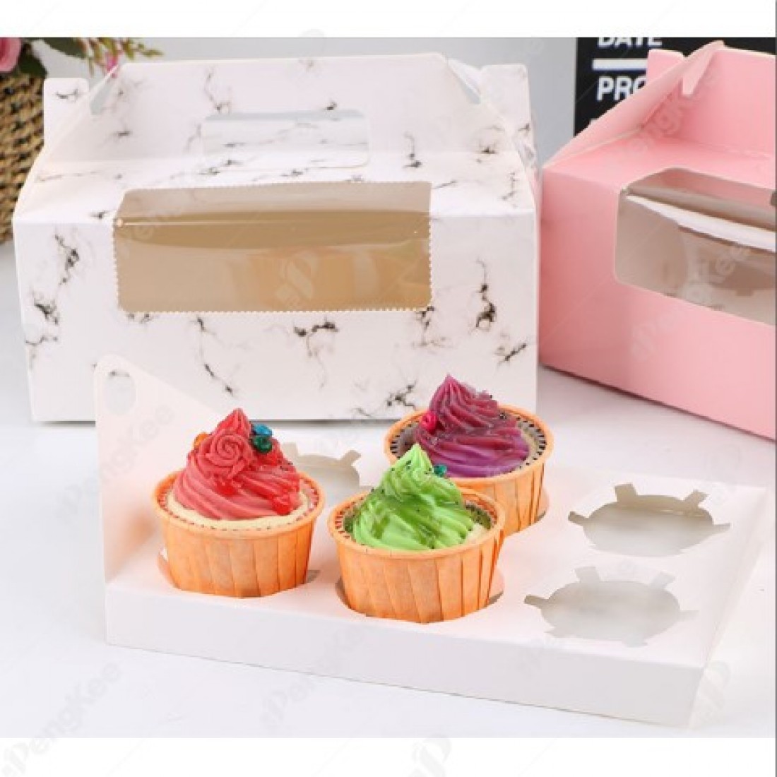PAPER MUFFIN CAKE BOX WITH WINDOW AND HANDLE 6 CAVITY (15(W)*23.6(L)*9(H)CM)