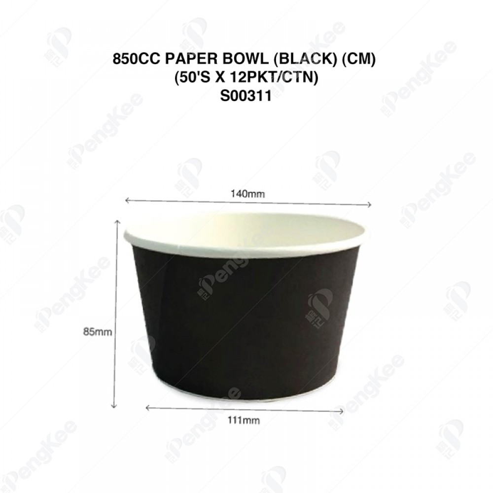 850CC PAPER BOWL (BLACK) (CM) (TO:140xH:85xBase:111mm) (50'S X 12PKT/CTN)