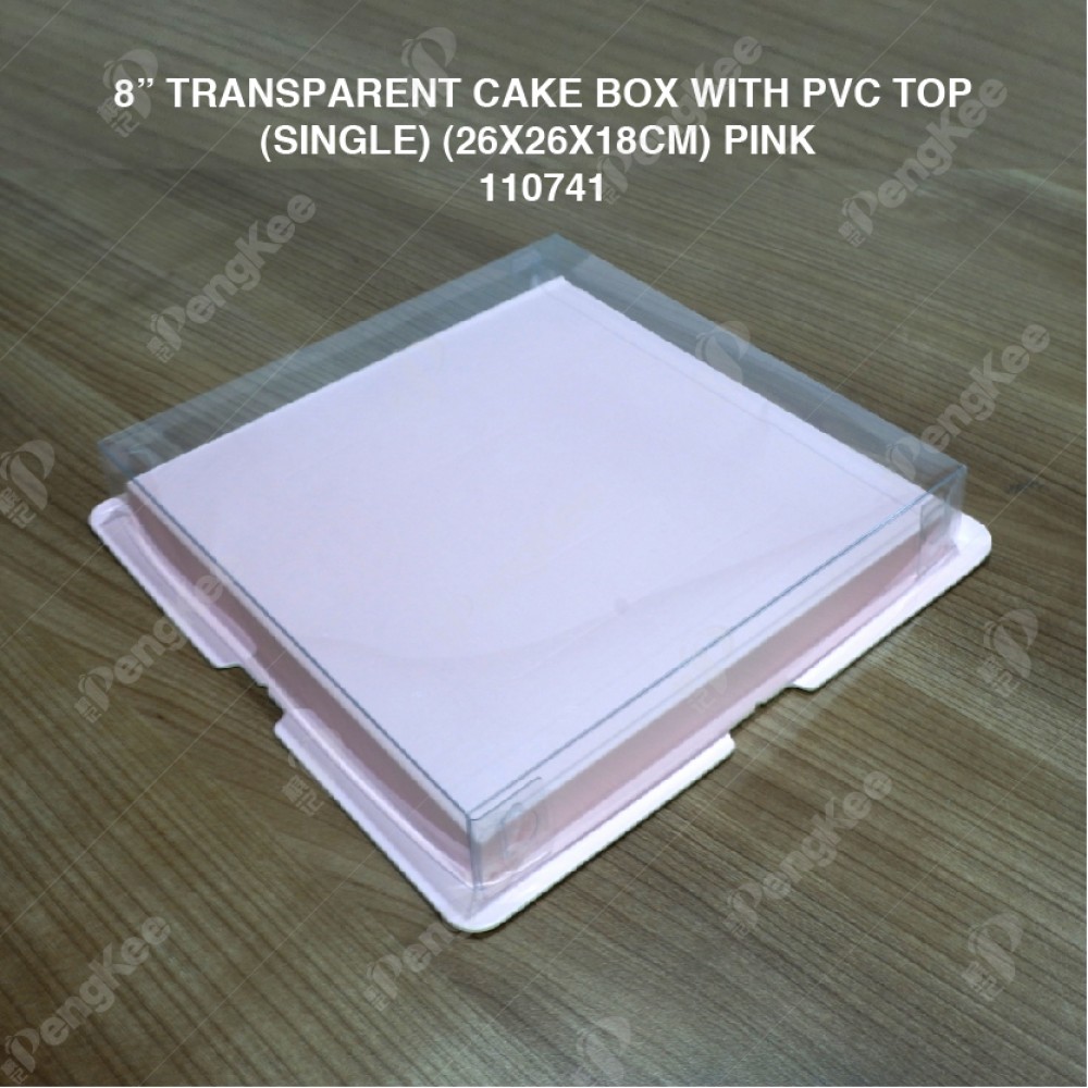 8" TRANSPARENT CAKE BOX WITH PVC TOP(SINGLE) (26*26*18CM)- PINK