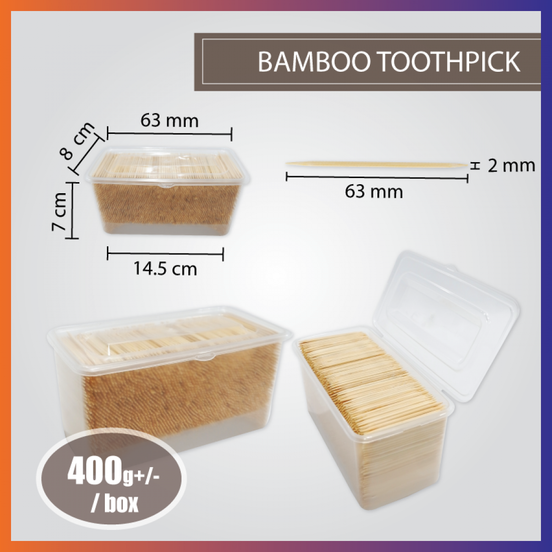 BAMBOO TOOTHPICKS 2.0x63mm (+-320g) (double sharp) (CM) (plastic box) 60 PLASTIC BXS/CTN