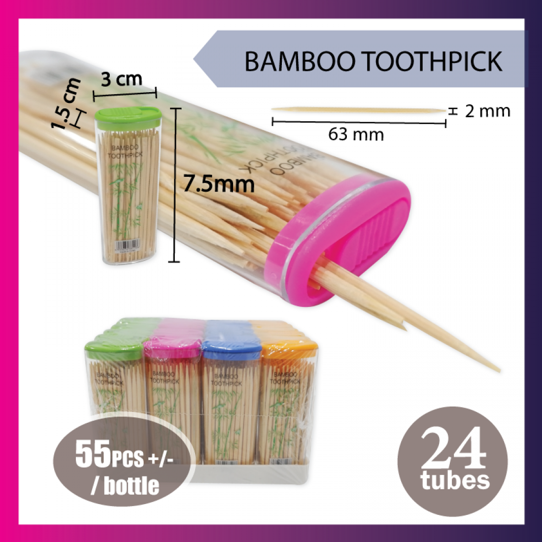 BAMBOO TOOTHPICKS 2.0x63mm (double sharp) (lighter type bottle) (CM) 1152TUBE/CTN