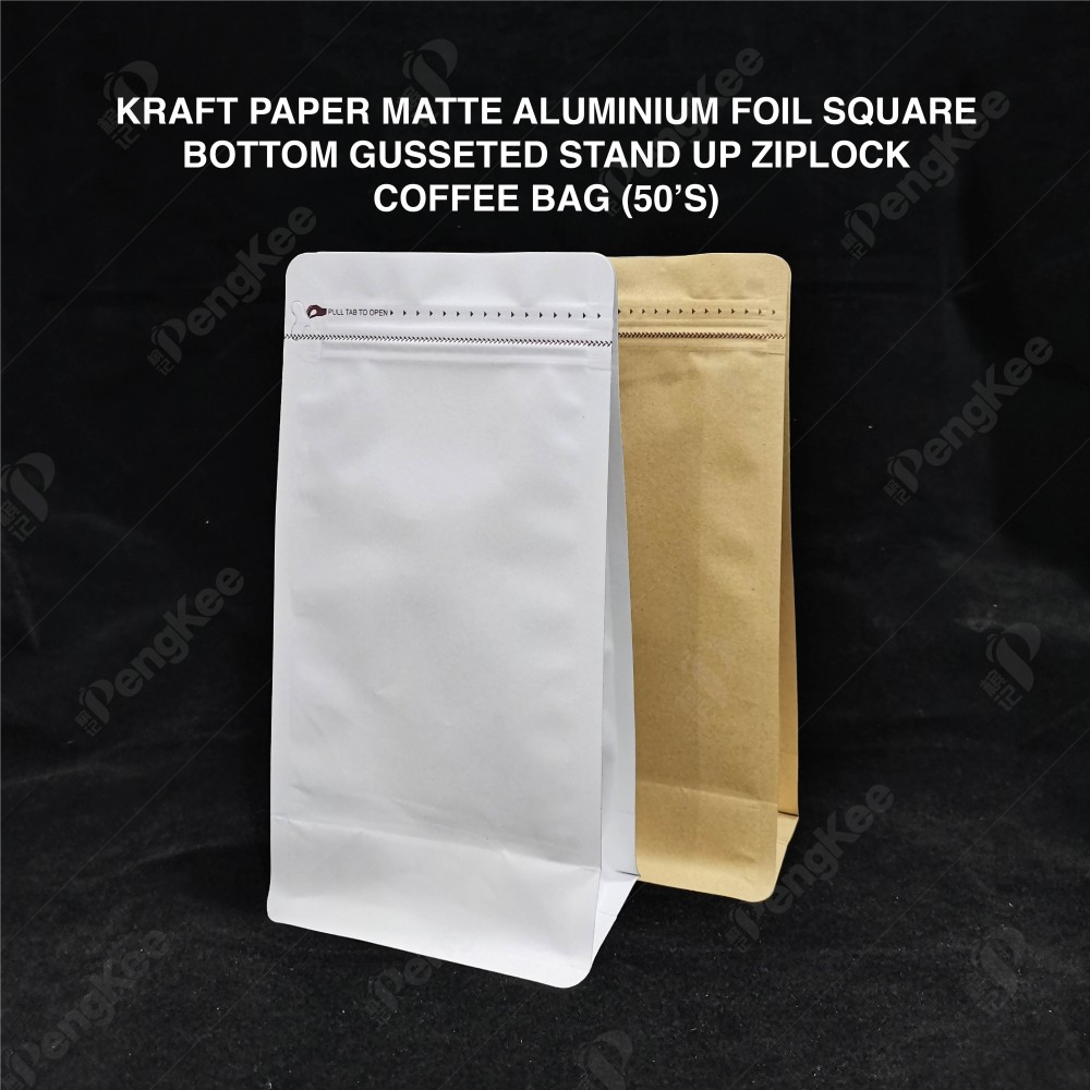 KRAFT PAPER MATTE ALUMINIUM FOIL SQUARE BOTTOM GUSSETED STAND UP ZIPLOCK COFFEE BAG (KRAFT) 