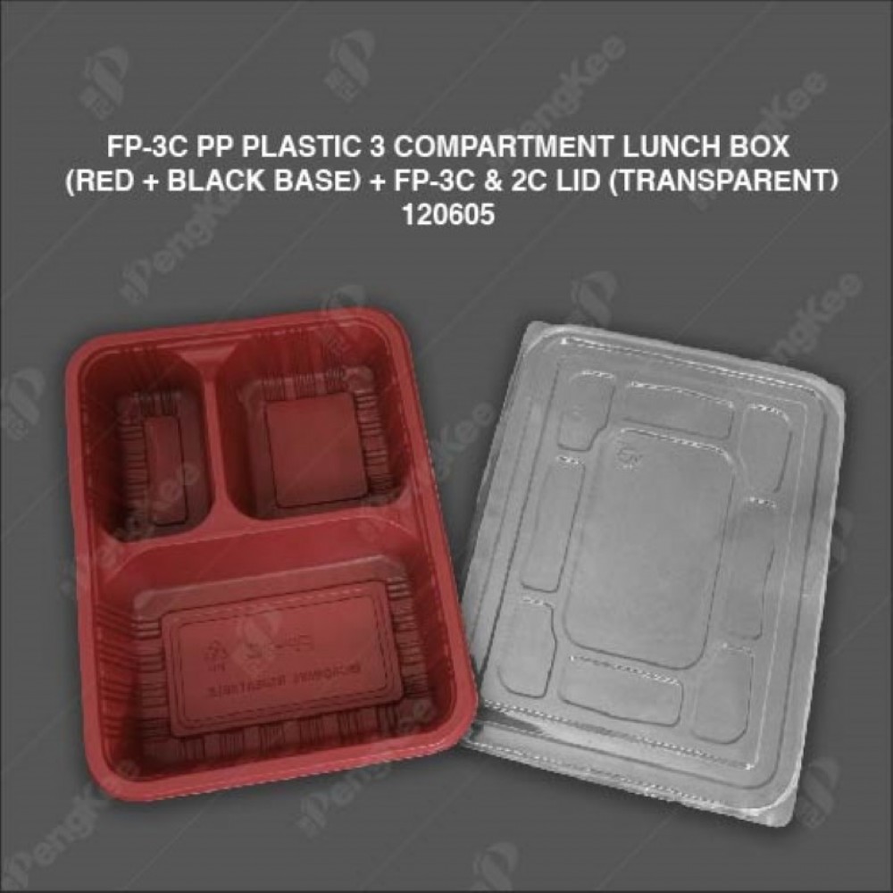 FP-3C PP PLASTIC 3 COMPARTMENT LUNCH BOX (RED+BLACK BASE) (TRANSPARENT COVER
