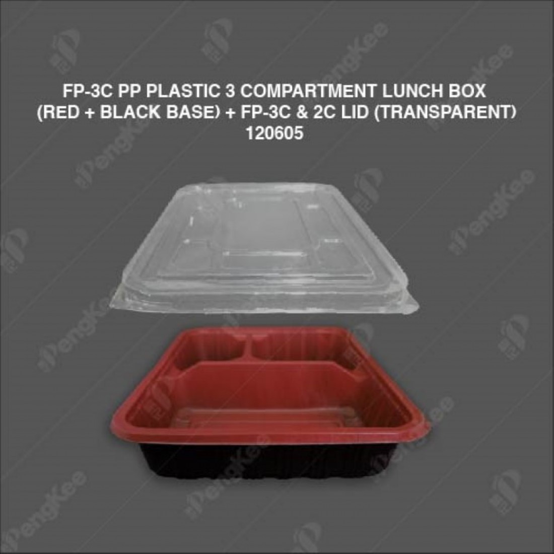 FP-3C PP PLASTIC 3 COMPARTMENT LUNCH BOX (RED+BLACK BASE) (TRANSPARENT COVER