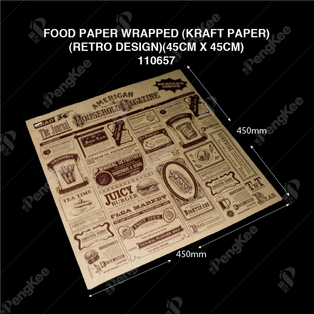 FOOD PAPER WRAPPED (KRAFT PAPER) (RETRO DESIGN) ( 45CM X 45CM ) (500'S/PKT)