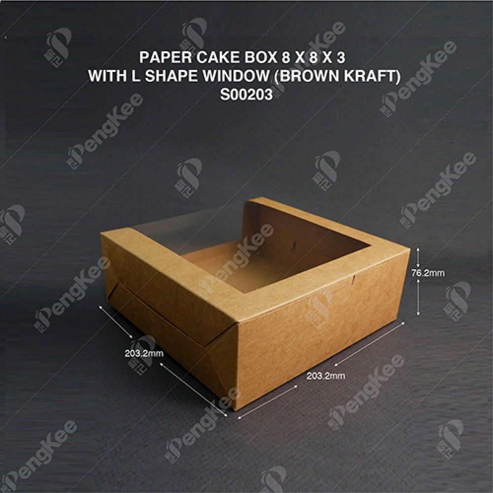 PAPER CAKE BOX 8 X 8 X 3  WITH L SHAPE WINDOW (BROWN KRAFT) (50'SPKT) (100'SBDL) 