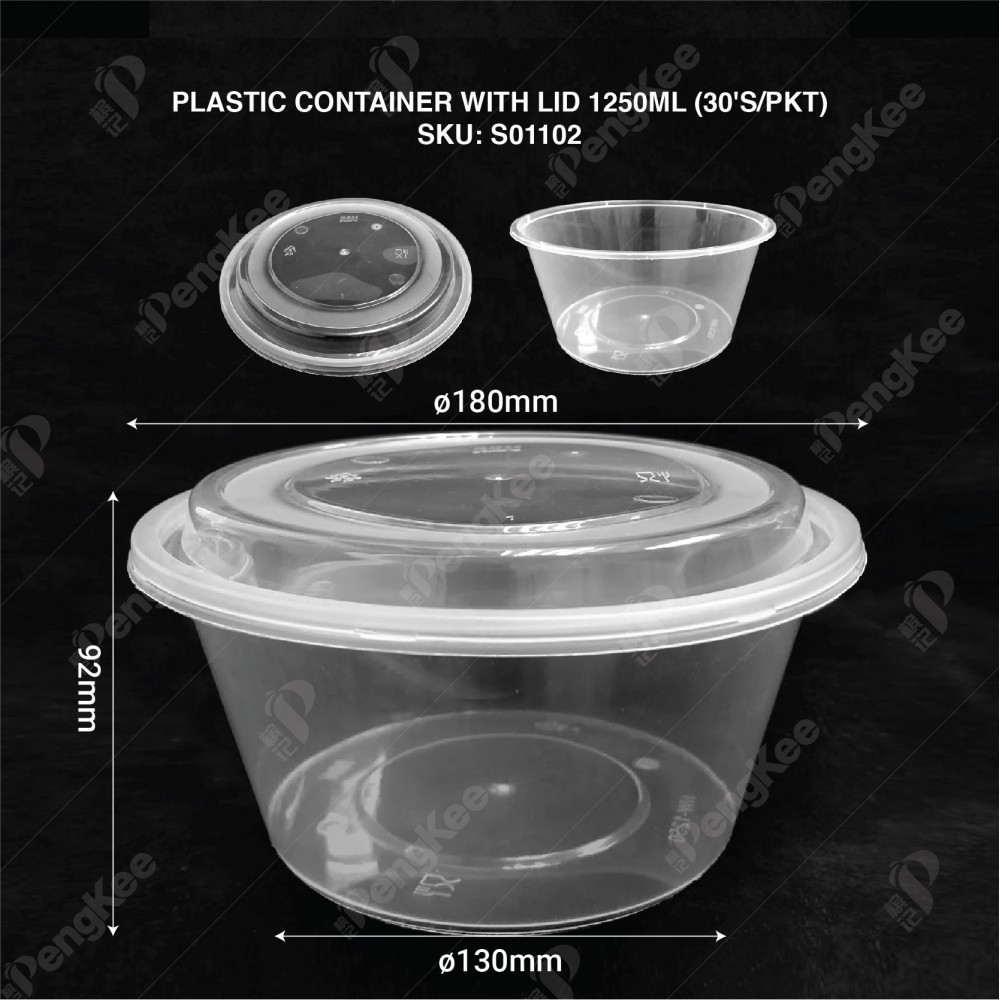 PLASTIC CONTAINER WITH LID 1250ML (CLEAR) (30'S/PKT)