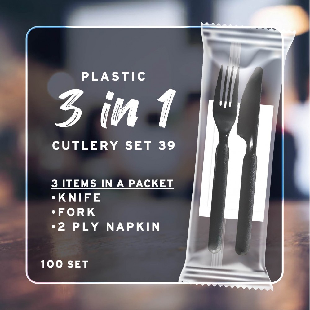 PLASTIC  3IN1 CUTLERY SET 39(BLACK) (KNIFE+FORK+2 PLY NAPKIN)(CM) (100 SET)