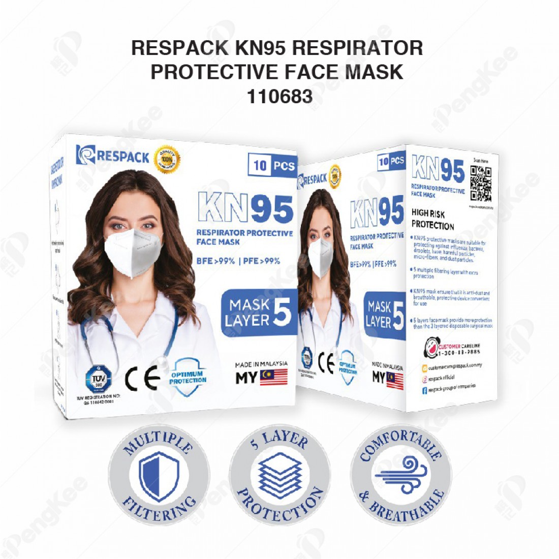 RESPACK KN95 RESPIRATOR PROTECTIVE FACE MASK 10'S/BOX