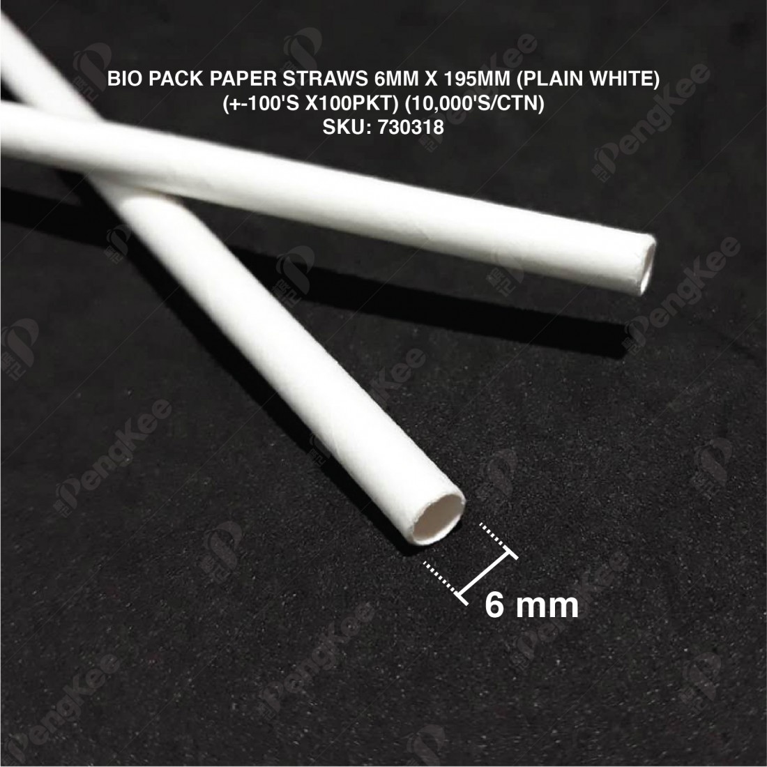 BIO PACK PAPER STRAWS 6MM X 195MM (100'S/PKT) (PLAIN WHITE)