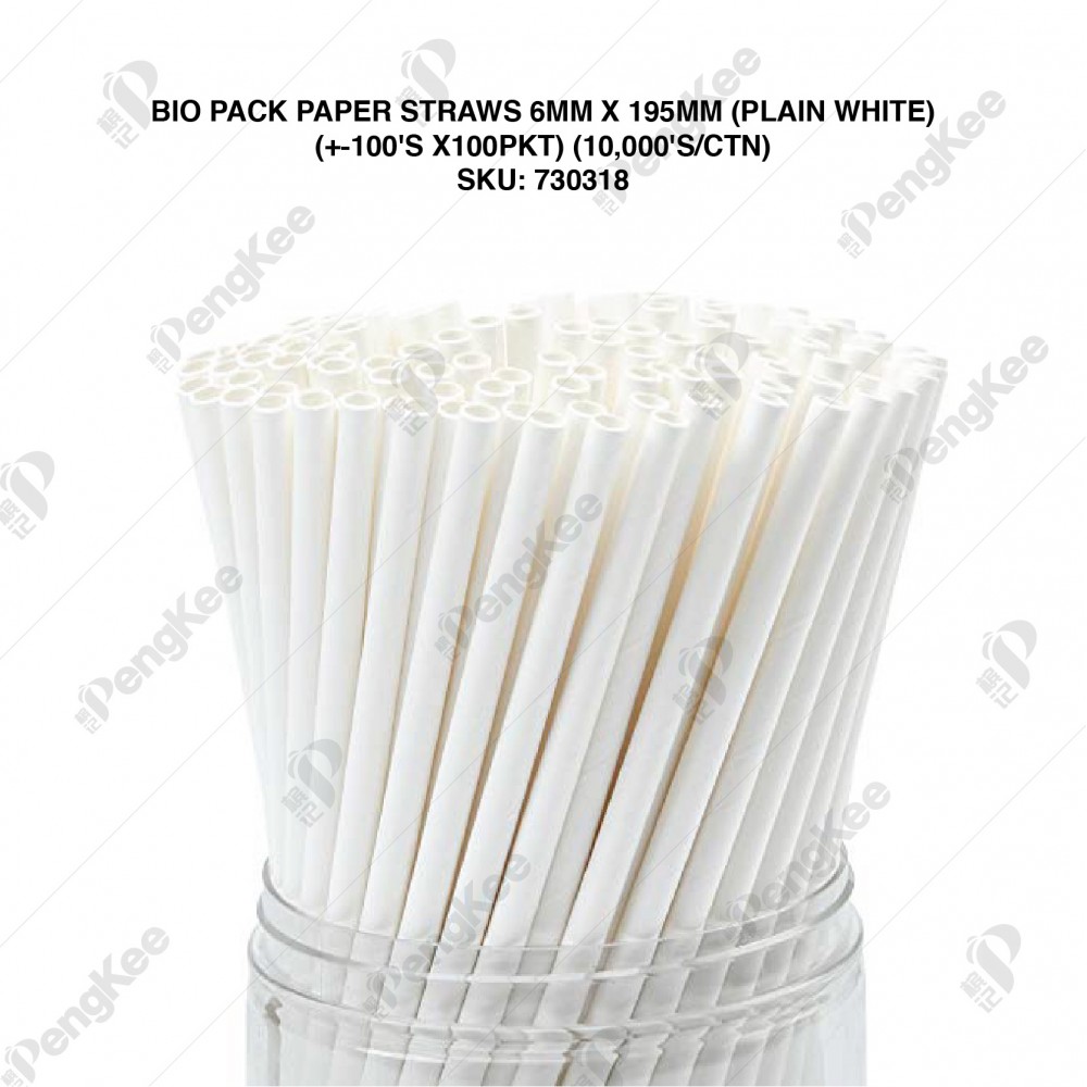 BIO PACK PAPER STRAWS 6MM X 195MM (100'S/PKT) (PLAIN WHITE)