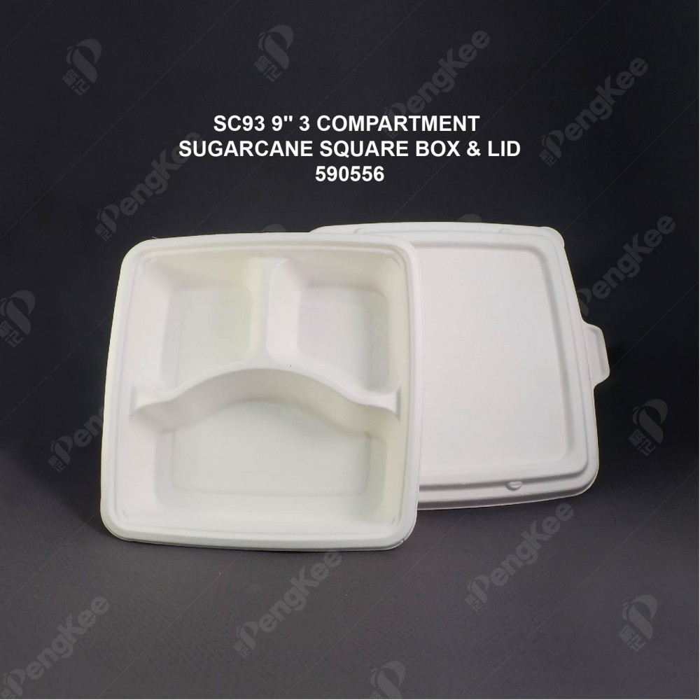 SC93 9'" 3 COMPARTMENT SUGARCANE LUNCH BOX WITH LID