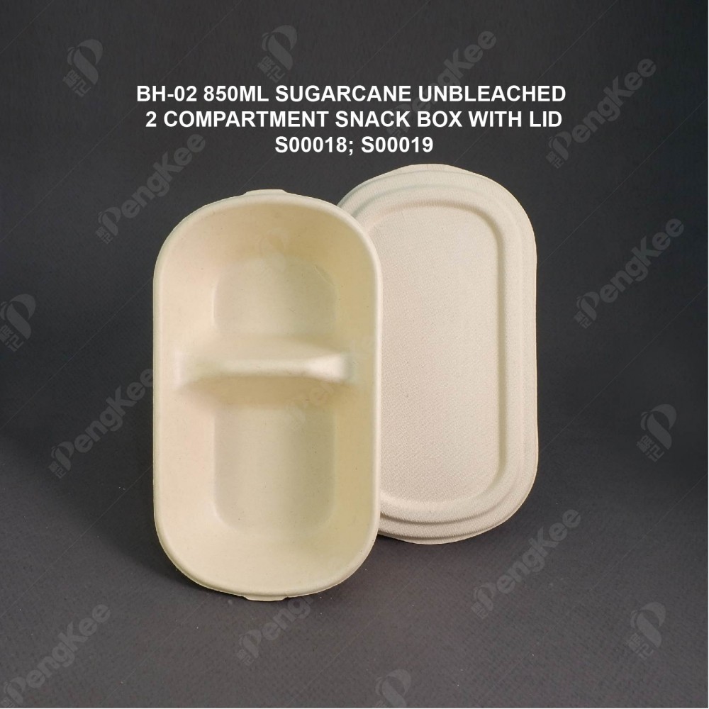 BH-02 850ML SUGARCANE UNBLEACHED  2 COMPARTMENT SNACK BOX WITH LID