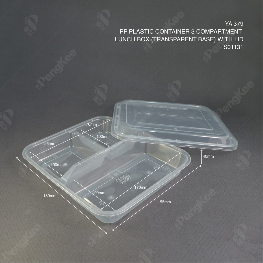 PP PLASTIC CONTAINER 3 COMPARTMENT LUNCH BOX (TRANSPARENT BASE) WITH LID YA379 (CM) (50'S X 3PKT/CTN)