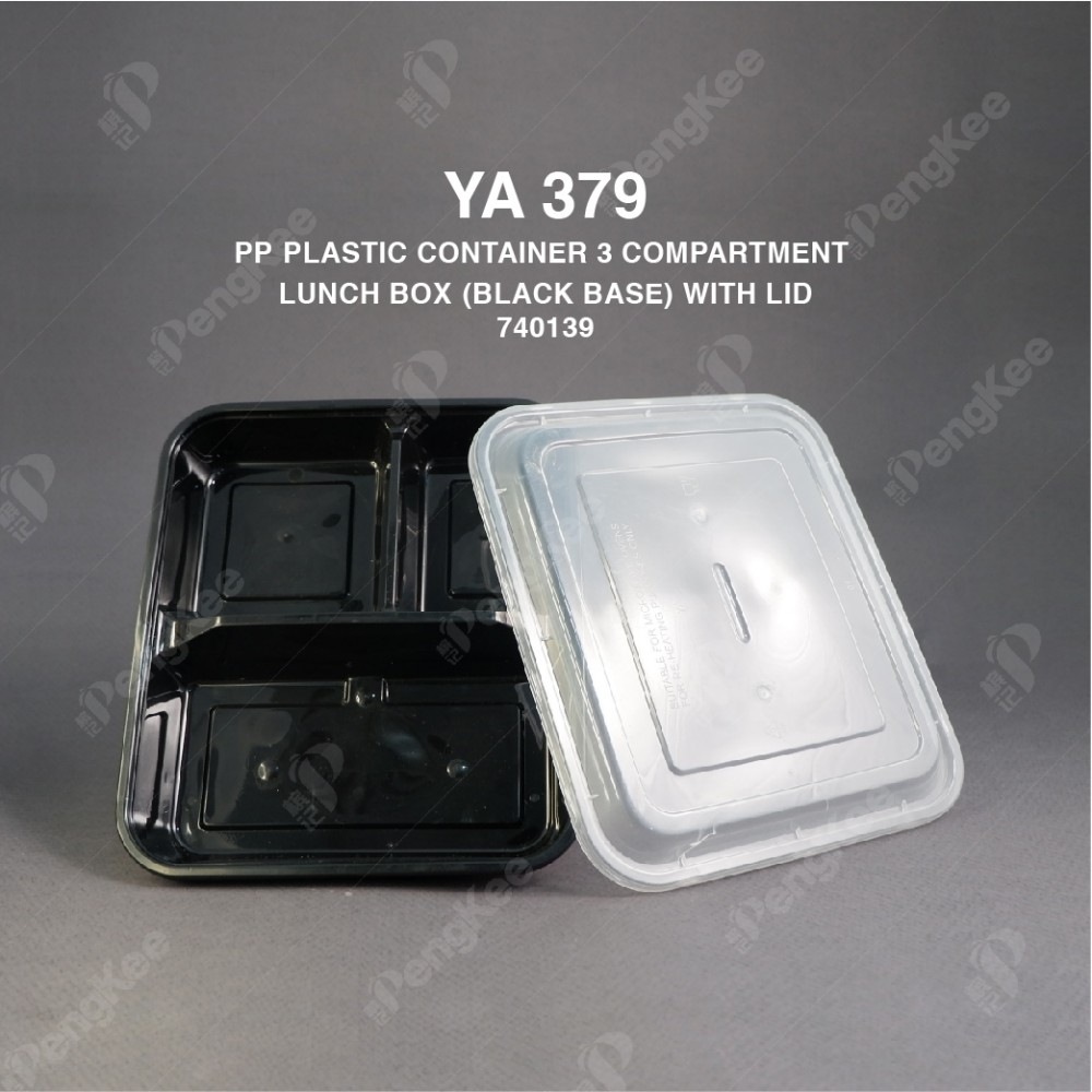 PP PLASTIC CONTAINER 3 COMPARTMENT LUNCH BOX (BLACK BASE) WITH LID YA379 (CM)