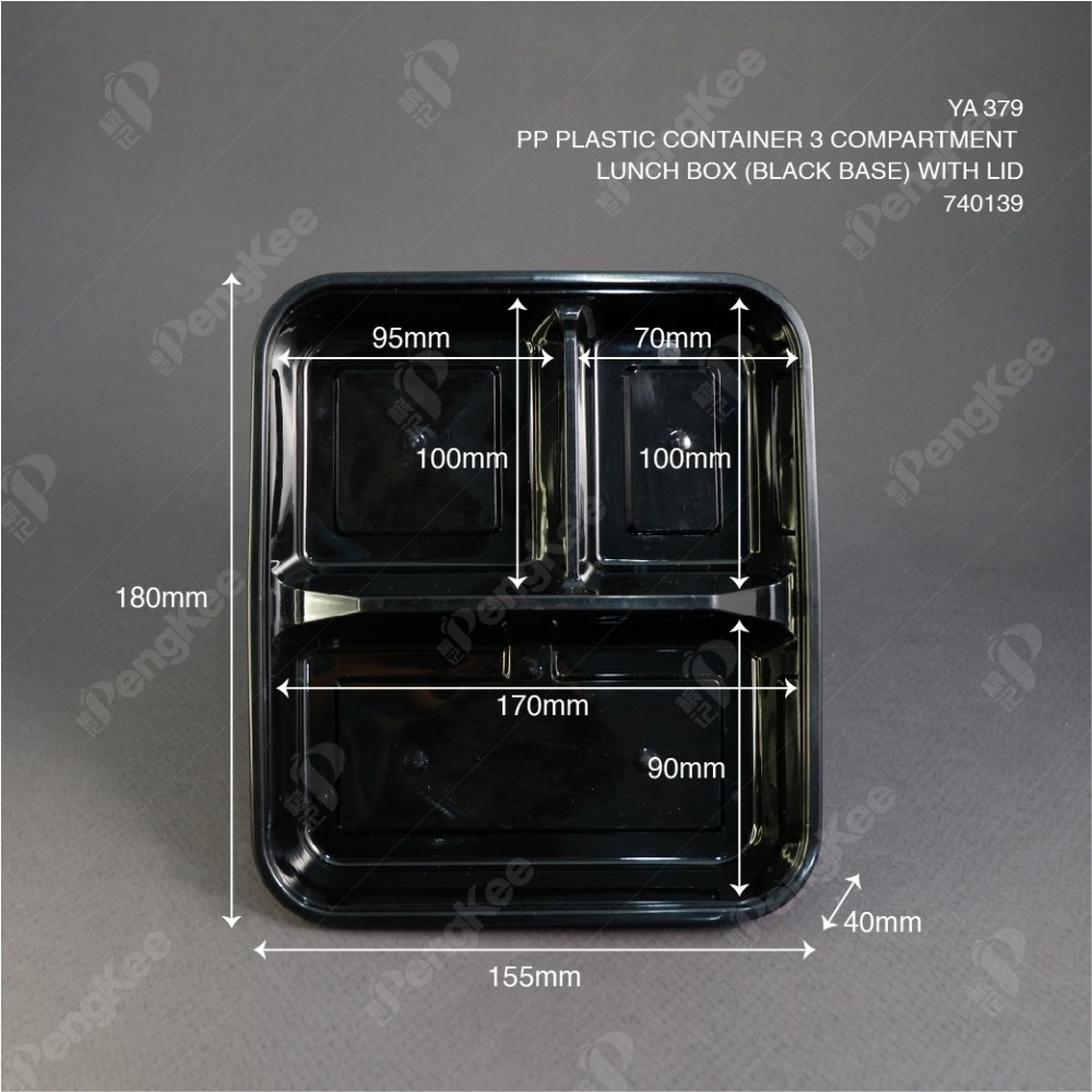 PP PLASTIC CONTAINER 3 COMPARTMENT LUNCH BOX (BLACK BASE) WITH LID YA379 (CM)
