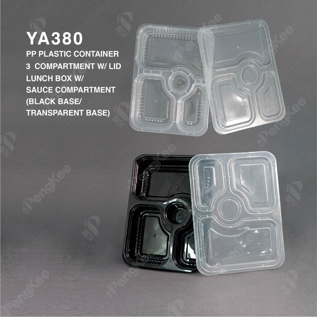  YA380 PP PLASTIC CONTAINER 3  COMPARTMENT LUNCH BOX WITH SAUCE COMPARTMENT (BLACK BASE) WITH LID
