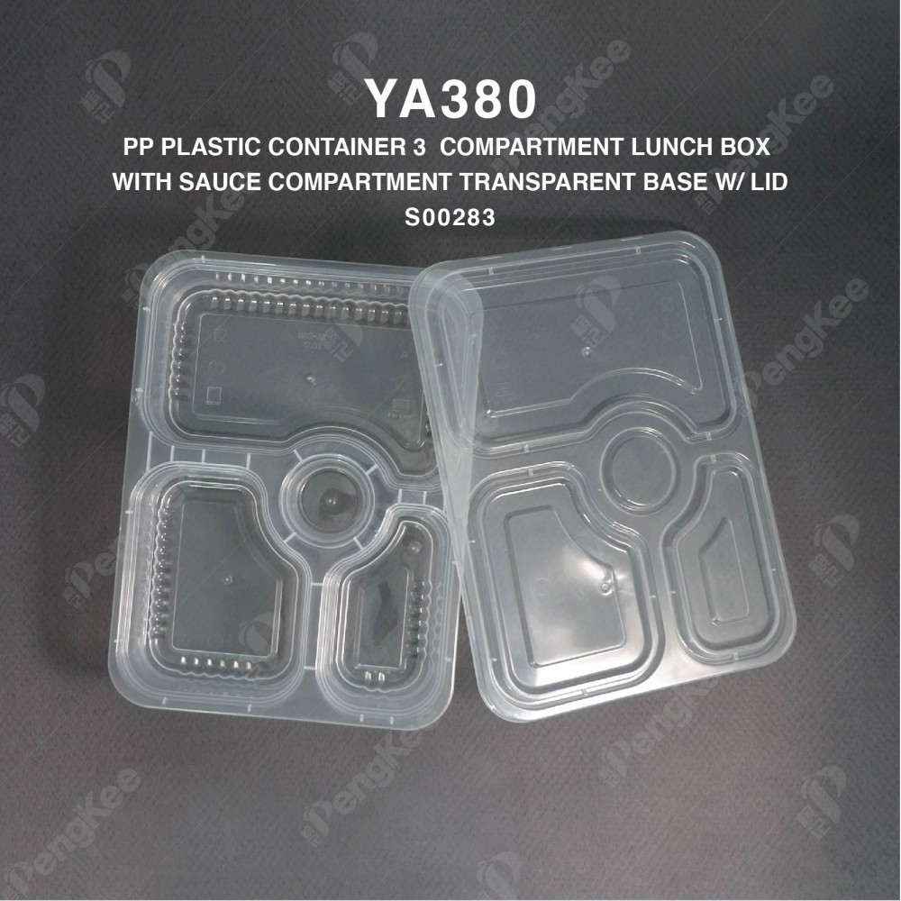 YA380 PP PLASTIC CONTAINER 3  COMPARTMENT LUNCH BOX WITH SAUCE COMPARTMENT (TRANSPARENT BASE) WITH LID