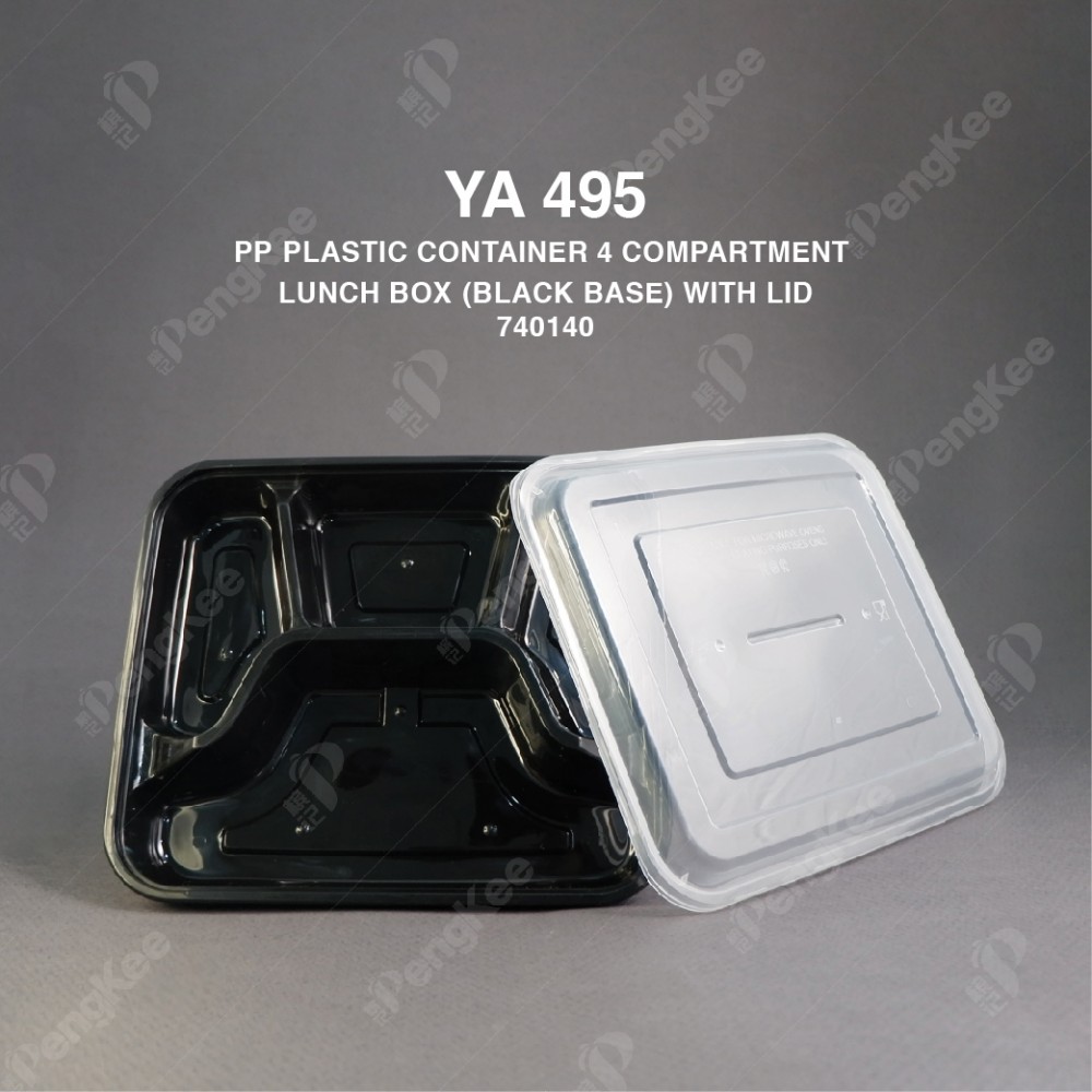 PP PLASTIC CONTAINER 4 COMPARTMENT LUNCH BOX (BLACK BASE) WITH LID YA495