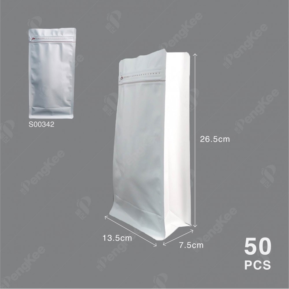 MATTE ALUMINIUM FOIL SQUARE BOTTOM GUSSETED ZIPLOCK COFFEE BAG (WHITE) 12C X 13.5CM X 26.5CM +7.5CM (500g) (CM)(50'S)