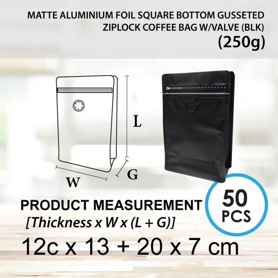 MATTE ALUMINIUM FOIL SQUARE BOTTOM GUSSETED ZIPLOCK COFFEE BAG W/VALVE (BLK) 哑光膜镀铝站立八边侧拉链袋 +气阀 (黑色) (50'S)
