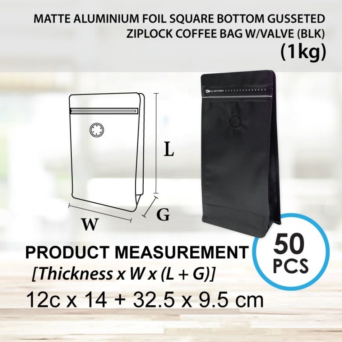 MATTE ALUMINIUM FOIL SQUARE BOTTOM GUSSETED ZIPLOCK COFFEE BAG W/VALVE (WHT)  哑光膜镀铝站立八边侧拉链袋 +气阀 (白色) (50'S)