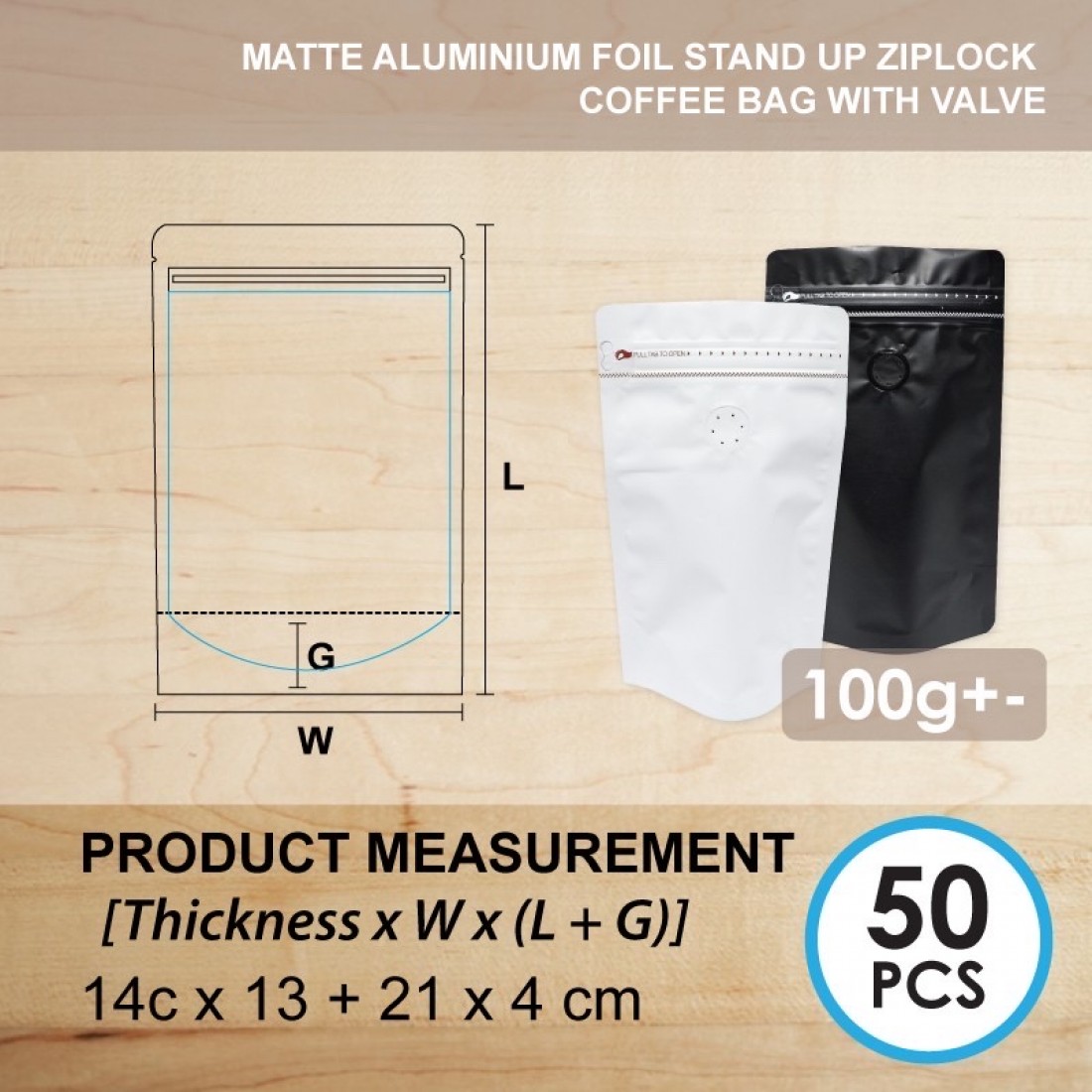 MATTE ALUMINIUM FOIL STAND UP ZIPLOCK COFFEE BAG W/VALVE (BLK)  哑光膜镀铝站立侧拉链袋 +气阀 (黑色) (50'S)
