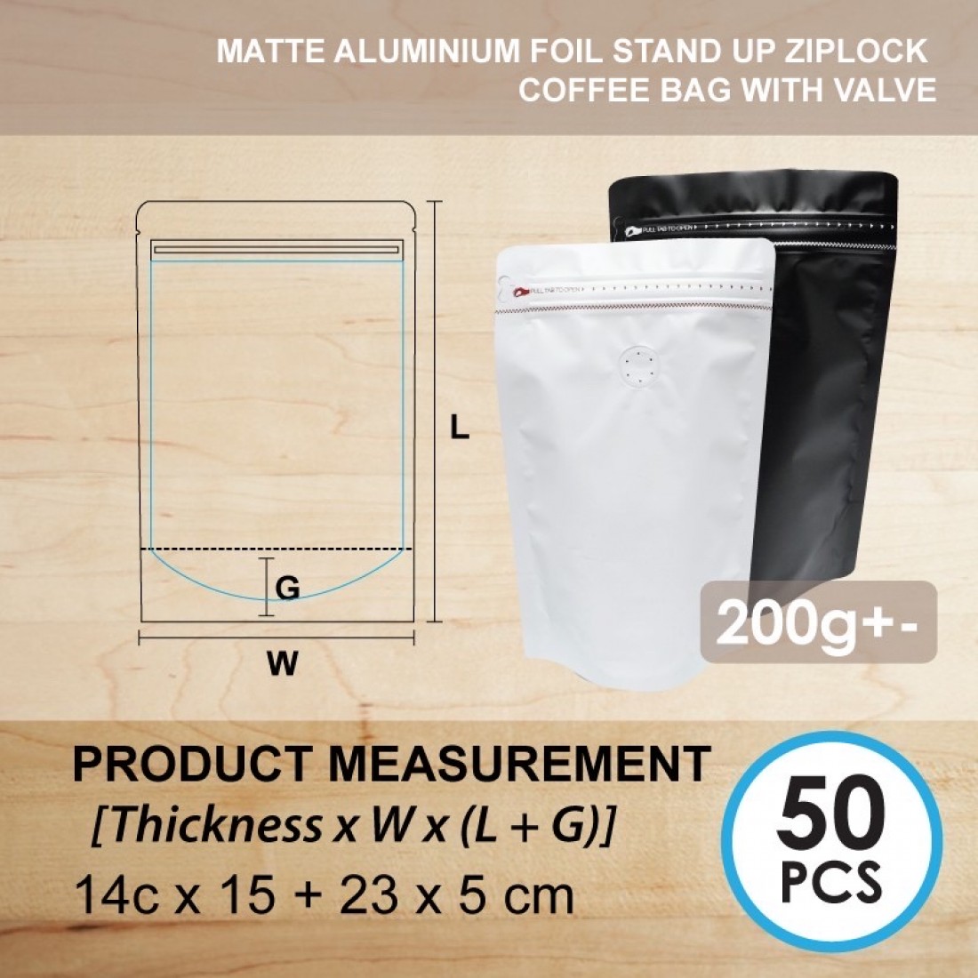MATTE ALUMINIUM FOIL STAND UP ZIPLOCK COFFEE BAG W/VALVE (BLK)  哑光膜镀铝站立侧拉链袋 +气阀 (黑色) (50'S)