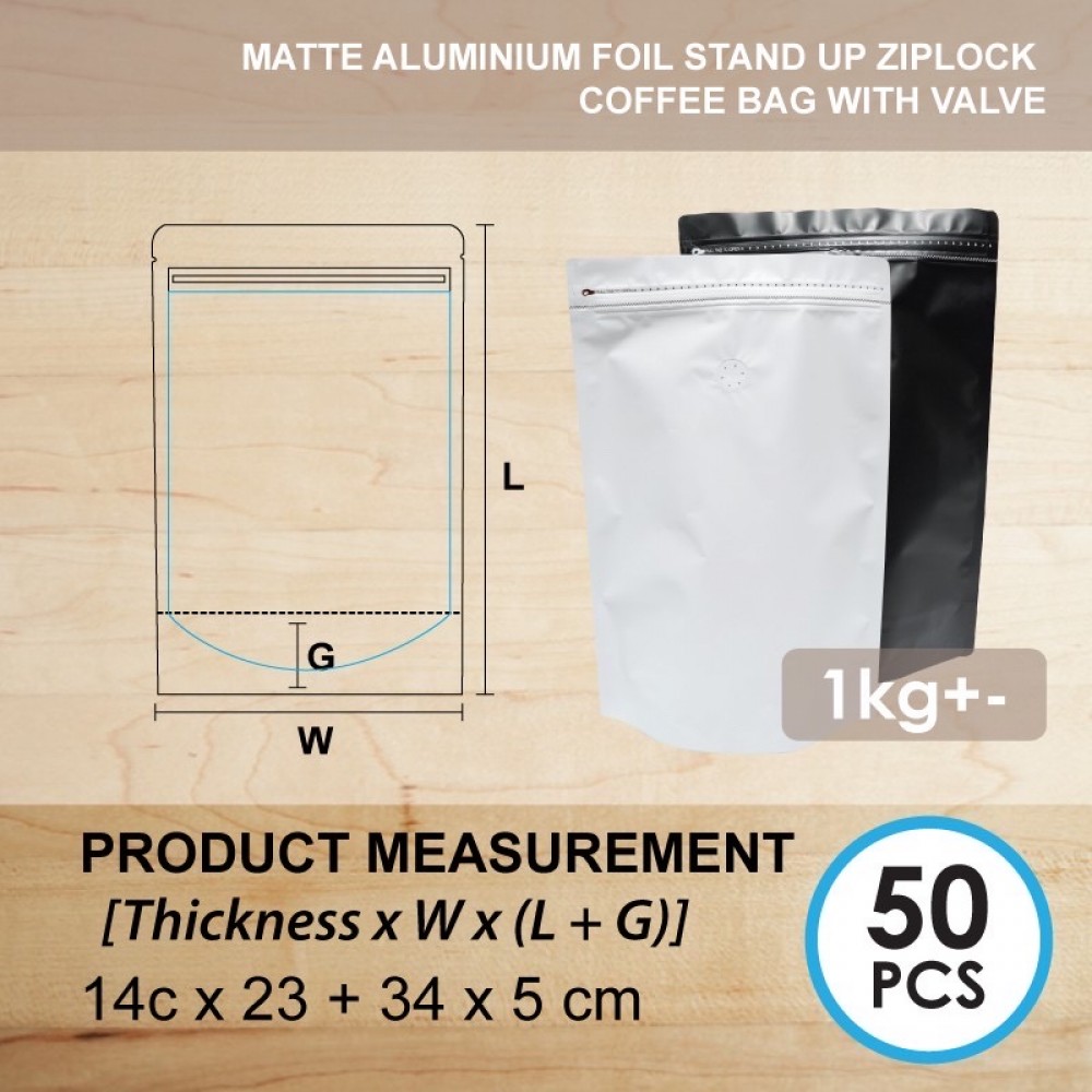 MATTE ALUMINIUM FOIL STAND UP ZIPLOCK COFFEE BAG W/VALVE (BLK)  哑光膜镀铝站立侧拉链袋 +气阀 (黑色) (50'S)