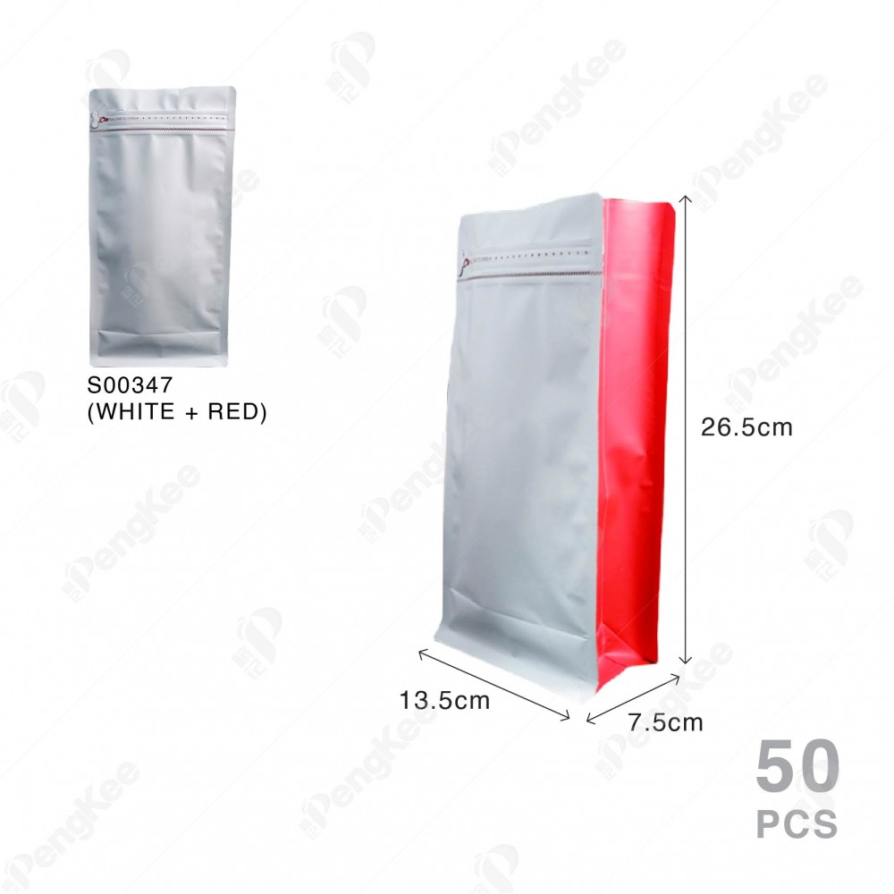 MATTE ALUMINIUM FOIL SQUARE BOTTOM GUSSETED ZIPLOCK COFFEE BAG  (WHITE + RED) 12C X 13CM X 20CM +7CM (250g) (50'S) 哑光膜镀铝站立八边侧拉链袋（无气阀） (白+红）