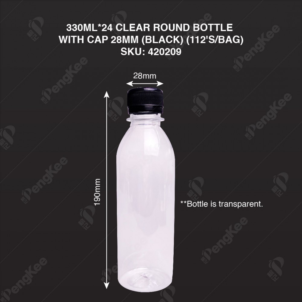 330ML*24 CLEAR ROUND BOTTLE WITH CAP 28MM (BLACK) (112'S/BAG)