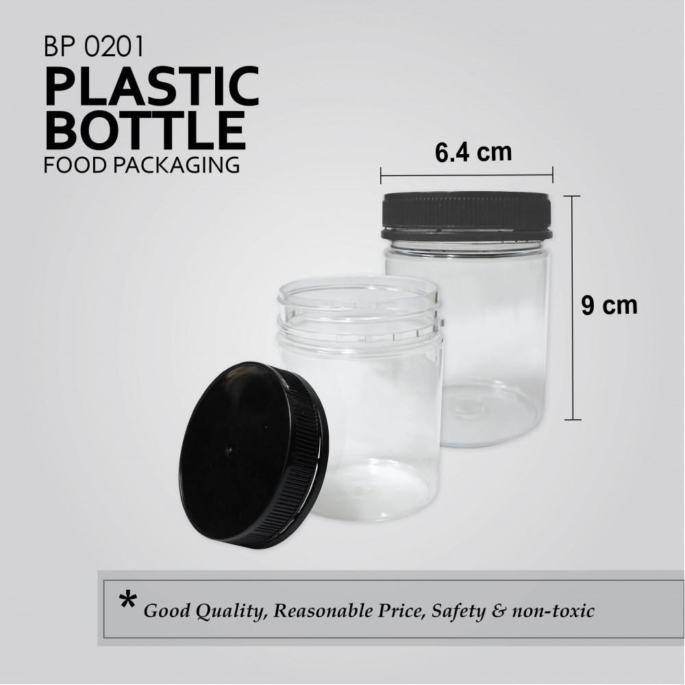 BP0201 200ml (round 63mm) PLASTIC BOTTLE C/W SAFETY SEAL LID (BLACK) (20'S) (180'S/BAG)
