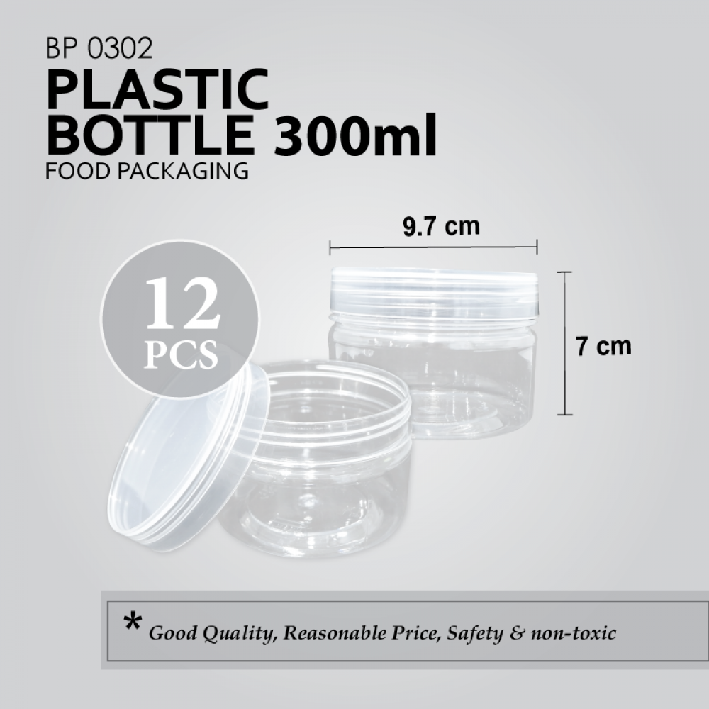BP0302 300ml (round 96mm) PLASTIC BOTTLE C/W SCREW LID (CLEAR) (12'S) (132'S/BAG)
