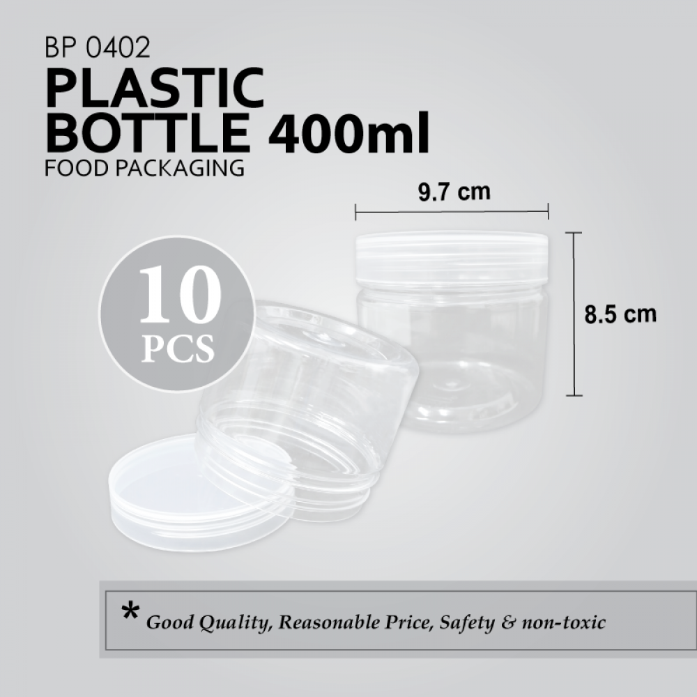BP0402 400ml (round 96mm) PLASTIC BOTTLE C/W SCREW LID (CLEAR) (10'S) (120'S/BAG)