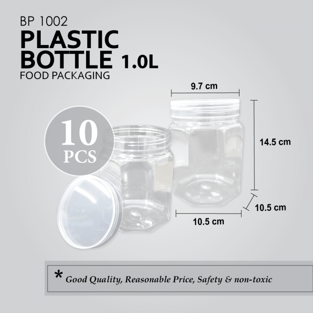 BP1002 1.0L (round 96mm) PLASTIC BOTTLE C/W SCREW LID (CLEAR) (OCTOGAN 8角形) (10'S) (90'S/BAG)