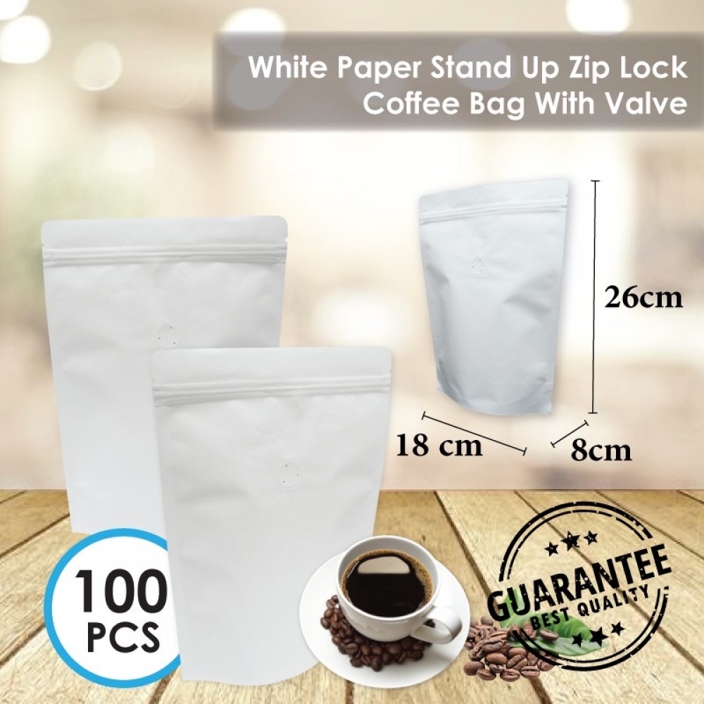 WHITE PAPER METALLIZED FOIL STAND UP ZIP LOCK COFFEE BAG W/VALVE 18CM X 26CM +4CM 白皮纸(内层铝箔膜)站立自封咖啡袋+气阀 