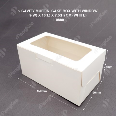 PAPER MUFFIN CAKE BOX WITH WINDOW 2 CAVITY (9(W)*16(L)*7.5(H)CM) (WHITE)(CM) 50'S/PKT