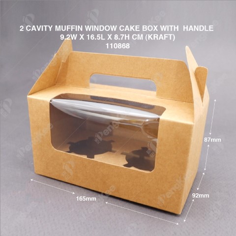 PAPER MUFFIN CAKE BOX WITH WINDOW AND HANDLE 2 CAVITY (KRAFT)