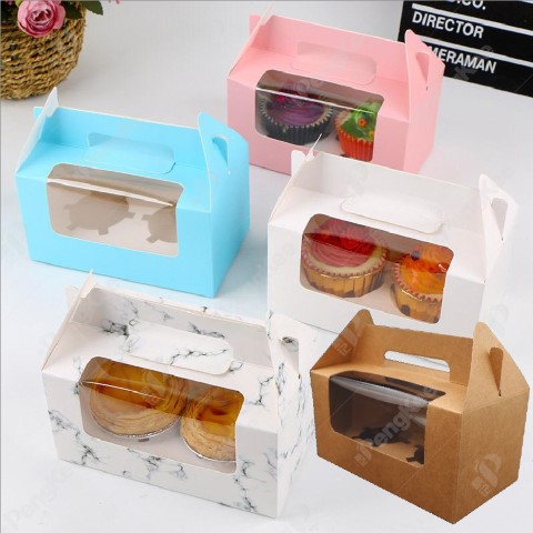 PAPER MUFFIN CAKE BOX WITH WINDOW AND HANDLE 2 CAVITY (9.2(W)*16.5(L)*8.7(H)CM)