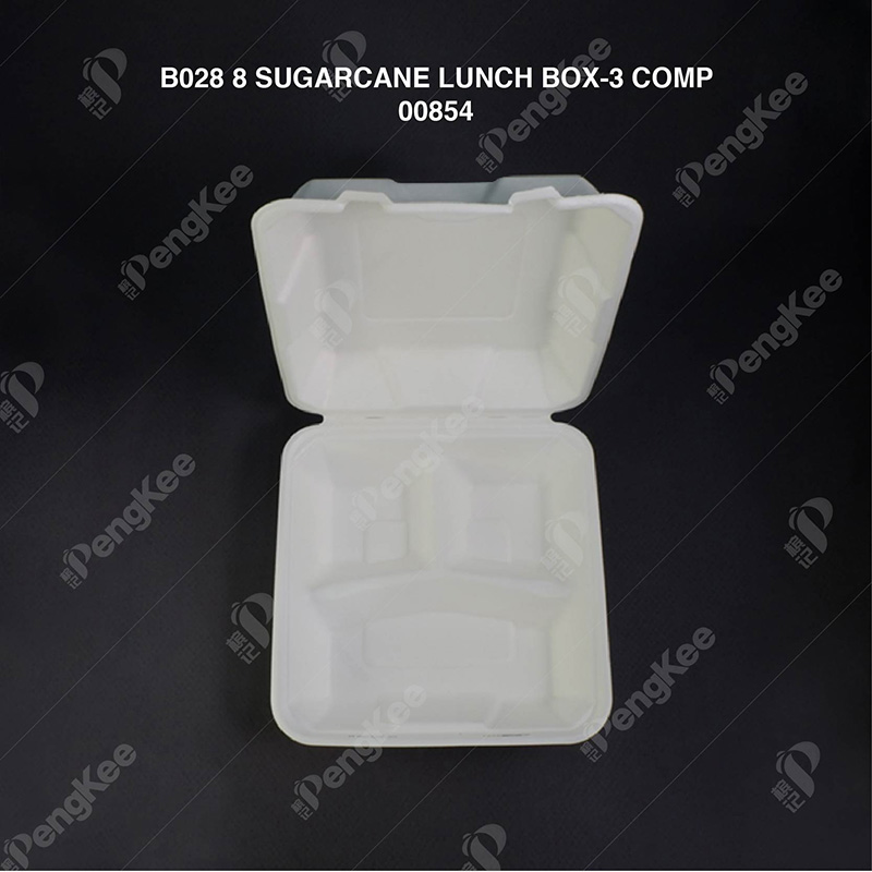 B028 8" SUGARCANE LUNCH BOX (3 COMP.) 50'S X 6PKT