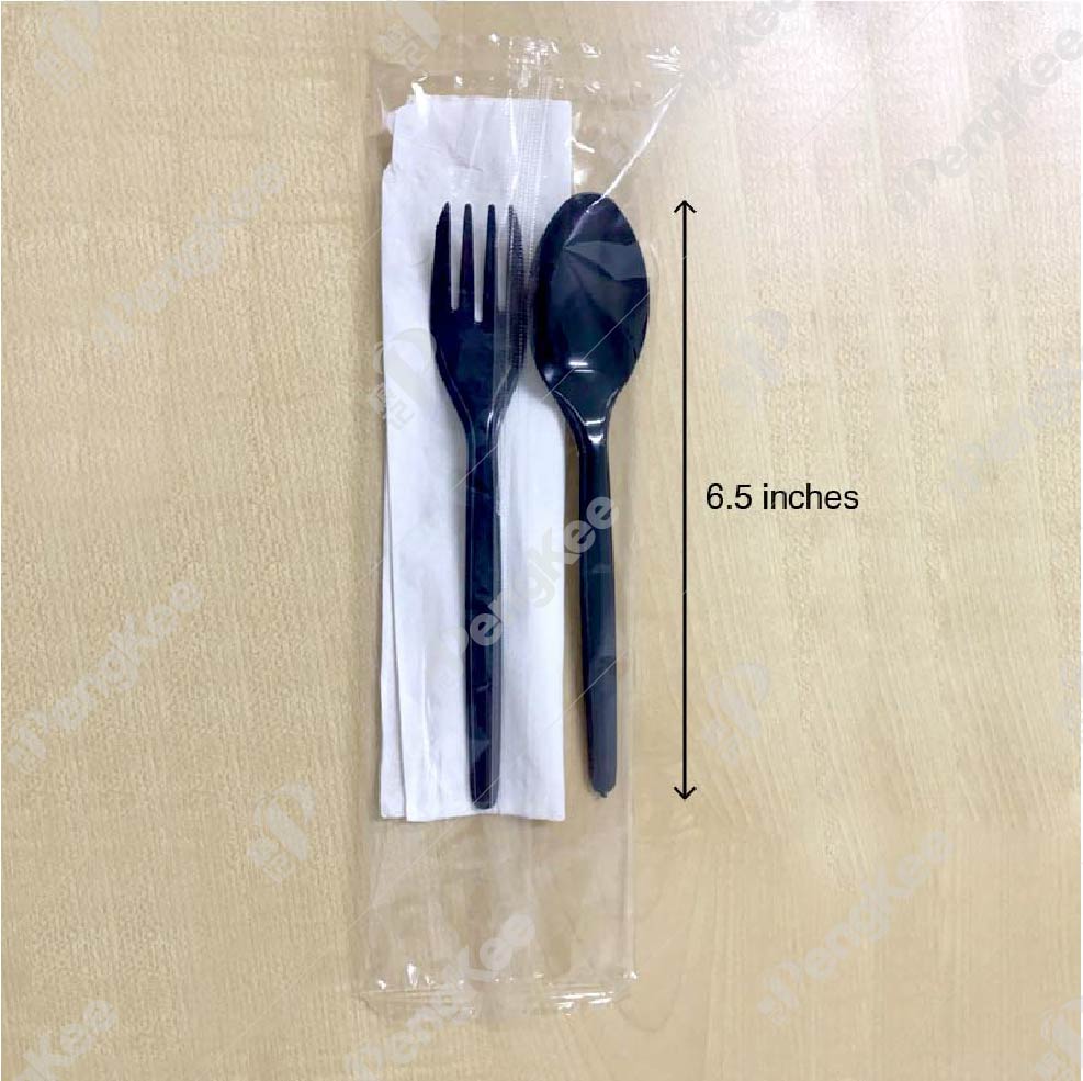 DISPOSABLE 6.5” PLASTIC 3 IN 1 CUTLERY SET (WHITE) ; (SPOON, FORK, FACIAL TISSUE)